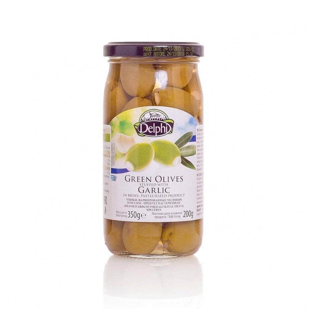 Оливки Delphi фаршированые чесноком в рассоле, 350 гр., стекло