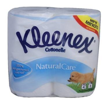 Туалетная бумага трехслойная 4 рулона, цвет бело-синий Kleenex Natural Care 322 гр., Пластиковая упаковка