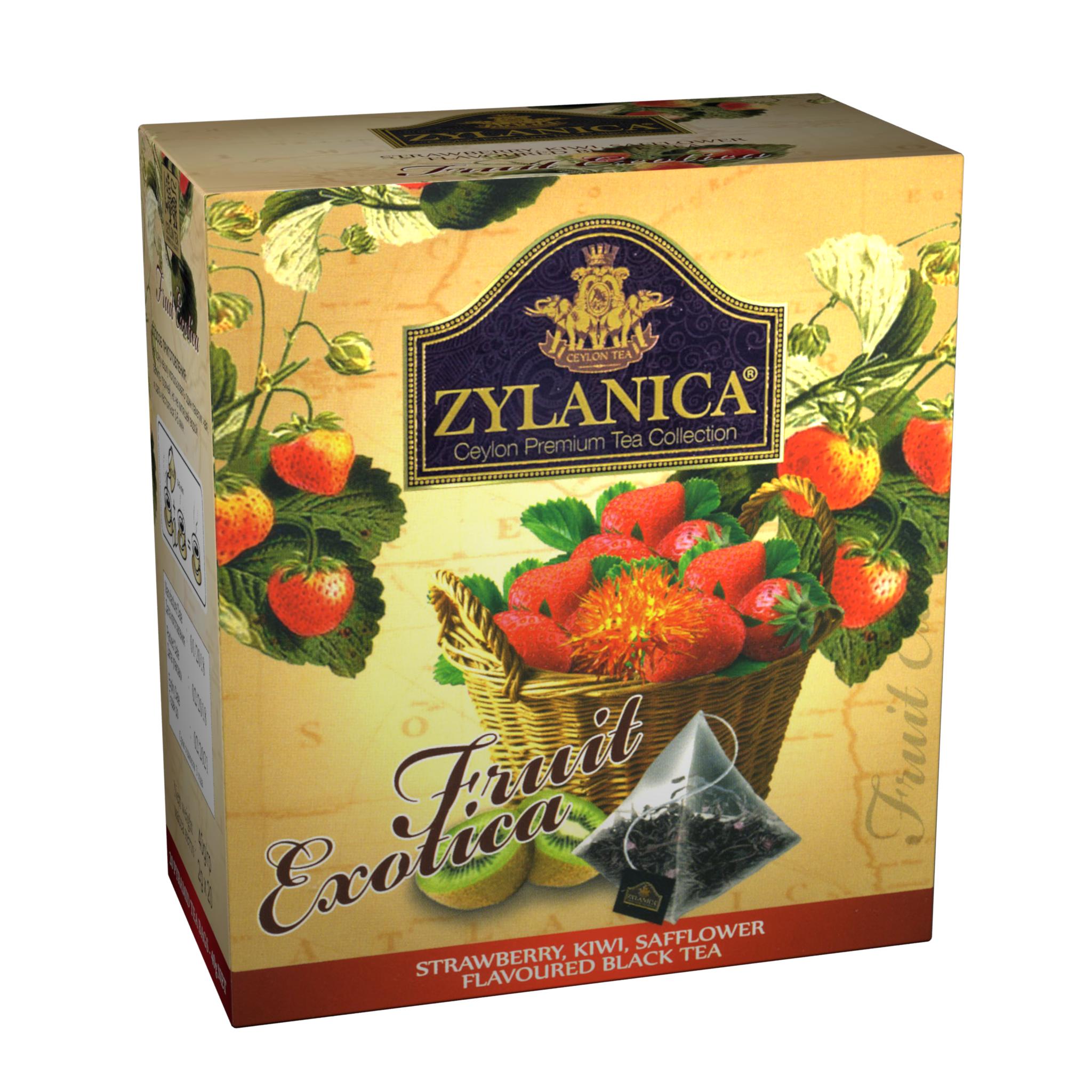 Чай Zylanica Fruit Exotica черный с клубникой киви и лепестками сафлоры в пирамидках, 40 гр., картон