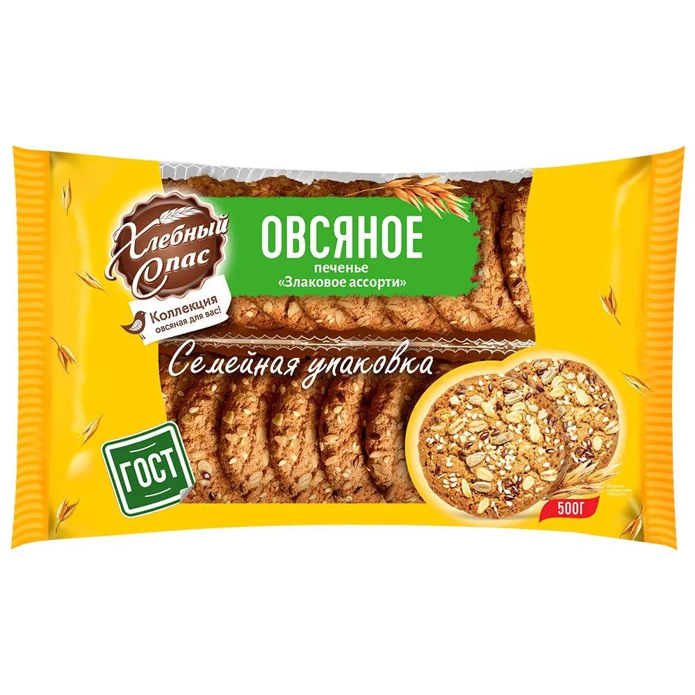 Печенье Хлебный Спас овсяное злаковое ассорти постное 500 гр., флоу-пак