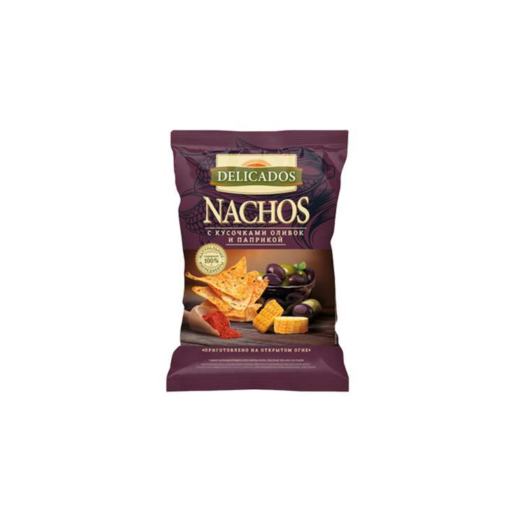 Чипсы Delicados nachos кукурузные с кусочками оливок и паприкой 150 гр., флоу-пак