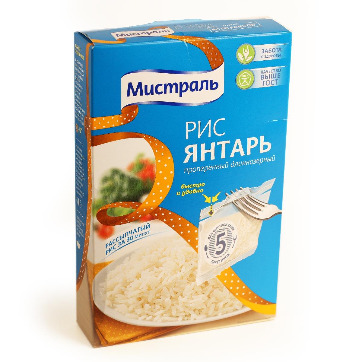 Рис Мистраль Янтарь длиннозерный пропаренный в варочных пакетиках 400 гр., картон