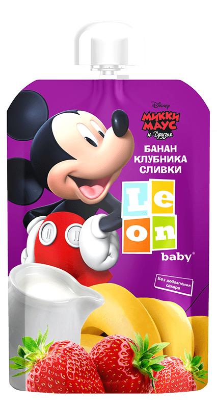 Пюре Leon baby Микки из банана и клубники со сливками с 6 мес. 90 гр., пауч