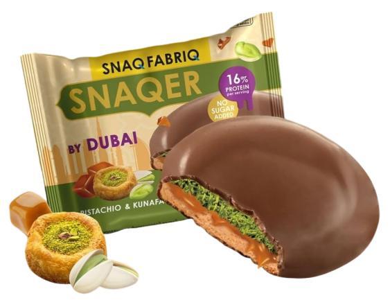 Печенье протеиновое глазированное Snaq Fabriq Snaquer by Dubai с фисташковой пастой, хрустящим тестом и карамелью 45 гр., флоу-пак