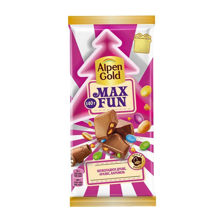 Шоколад Alpen Gold MaxFun молочный арахис карамель шоколадное драже 140 гр., флоу-пак