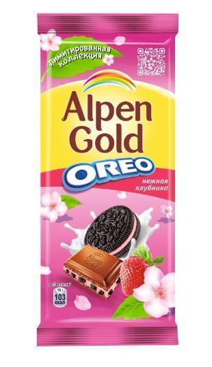 Шоколад Alpen Gold Oreo нежная клубника молочный, 85 гр., флоу-пак