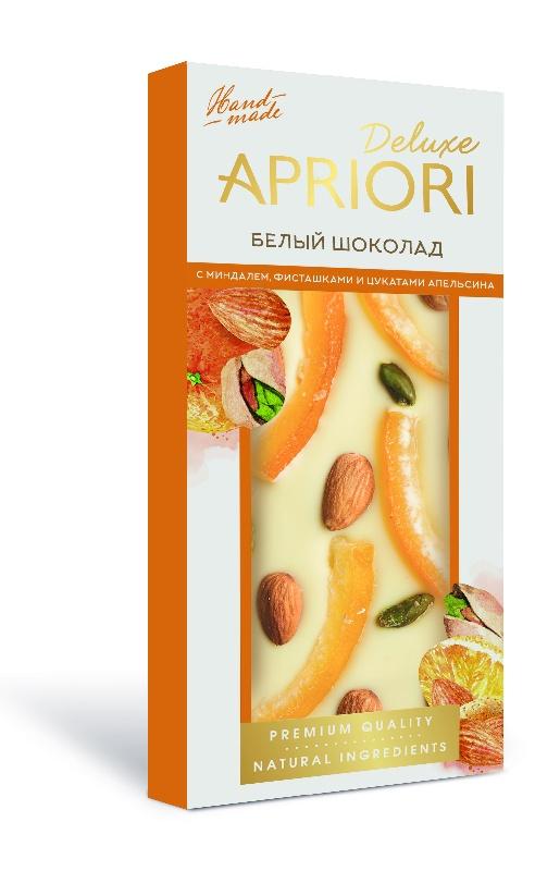 Шоколад Apriori Deluxe белый с миндалем, фисташкой и цукатами апельсина 85 гр., картон