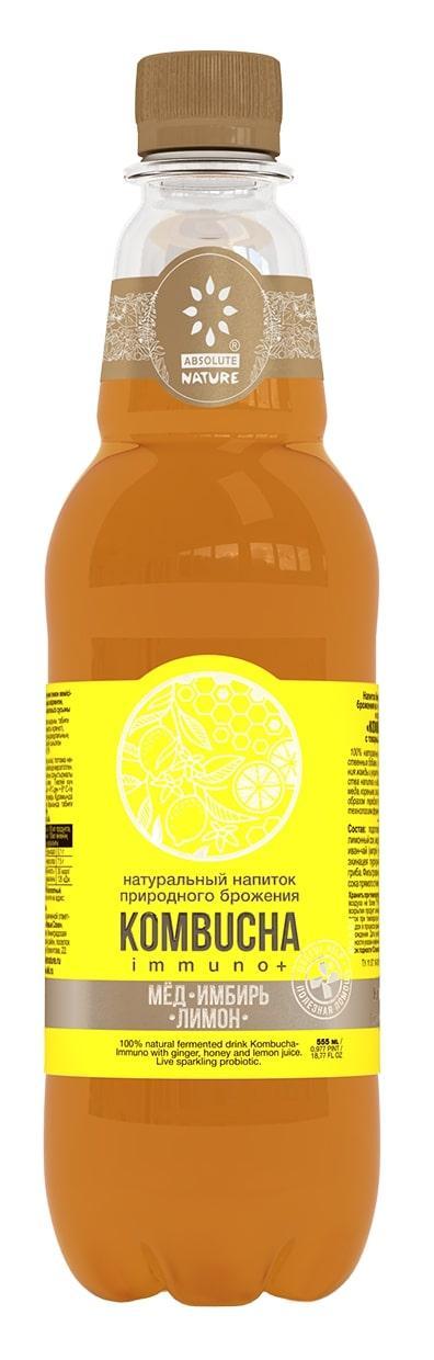 Напиток газированный Absolute Nature Комбуча с имбирем медом и лимоном 555 мл., ПЭТ