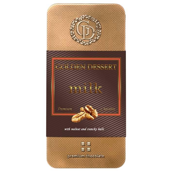 Шоколад Golden Dessert Milk Шоколад молочный с грецким орехом и хрустящими шариками 95 гр., ж/б