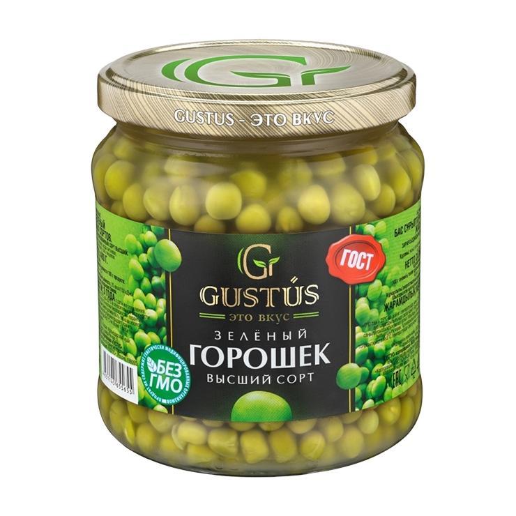 Горошек зеленый Gustus высший сорт ГОСТ 460 гр., стекло
