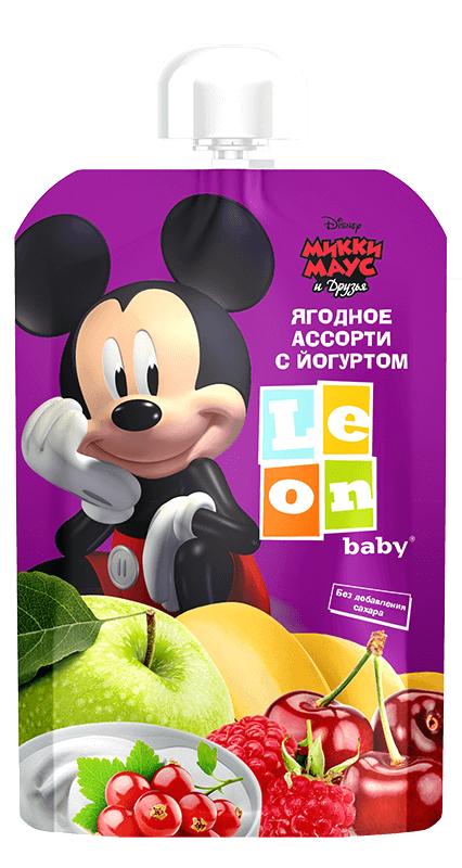 Пюре Leon baby Микки Ягодное ассорти с йогуртом 90 гр., пауч