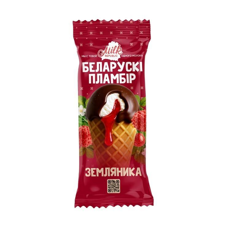 Мороженое рожок Беларускi пламбiр земляника в какао глазури 85 гр., флоу-пак