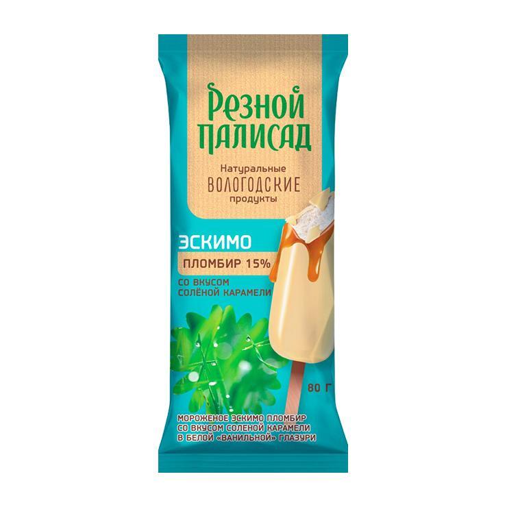 Мороженое эскимо Резной Полисад  15% со вкусом соленой карамели в белой ванильной глазури 80 гр., флоу-пак