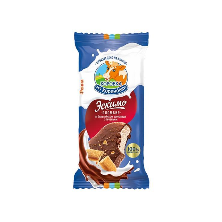 Мороженое Коровка из Кореновки с печеньем в бельгийском шоколаде эскимо 70 гр., флоу-пак