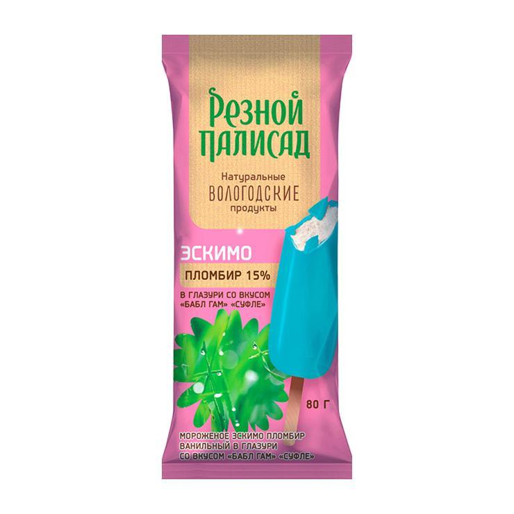 Мороженое эскимо Резной Полисад  ванильный 15% Суфле в глазури со вкусом Бабл Гам 60 гр., флоу-пак