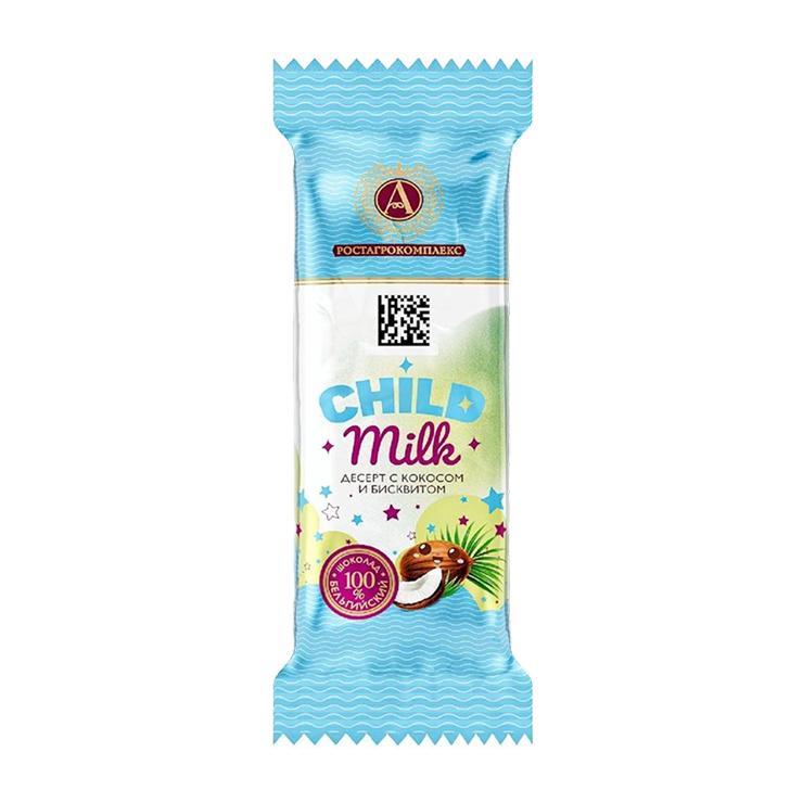 Десерт творожный А.Ростагрокомплекс Child Milk с кокосом и бисквитом в молочном шоколаде 15% 40 гр., флоу-пак