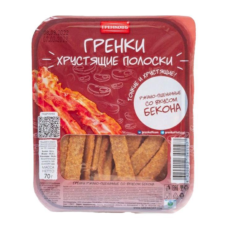 Гренки Гренковъ Хрустящие Полоски ржано-пшеничные со вкусом бекона 70 гр., пластиковый контейнер