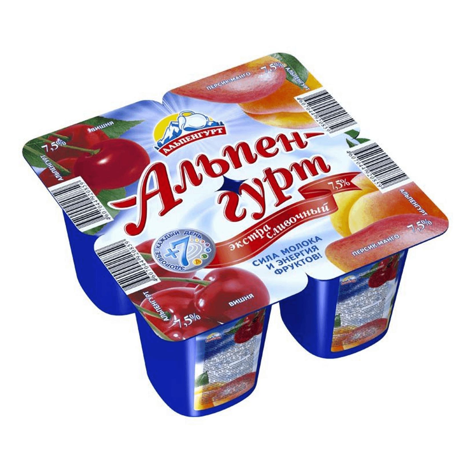 Продукт йогуртный Альпенгурт Экстра сливочный 7,5% вишня-персик-манго 100 гр., ПЭТ