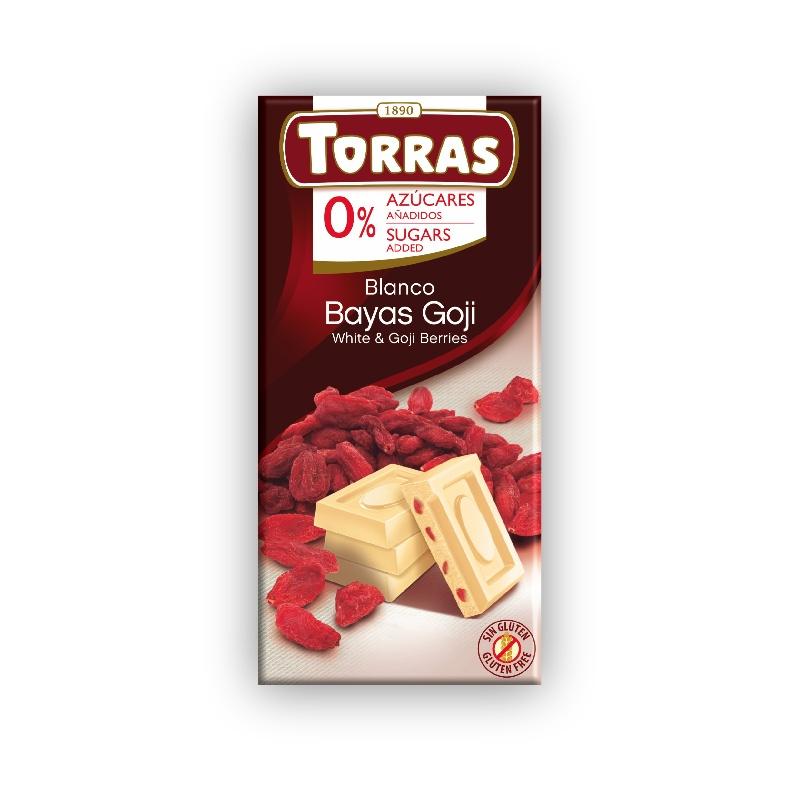 Шоколад Torras Classic line белый с кусочками ягод годжи без сахара 75 гр., обертка