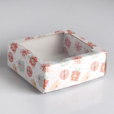 Коробка сборная Подарки-бантики крышка-дно с окном, 14,5 х 14,5 х 6 см.