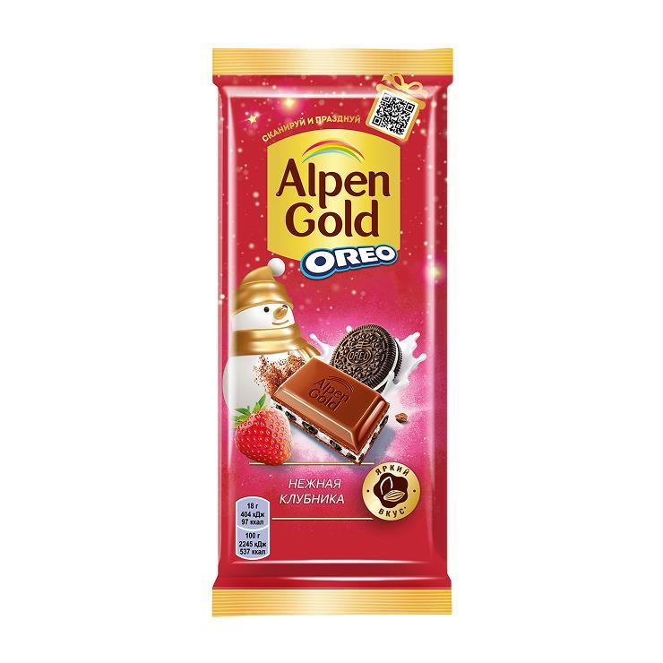 Шоколад Alpen Gold Oreo молочный нежная клубника 85 гр., флоу-пак