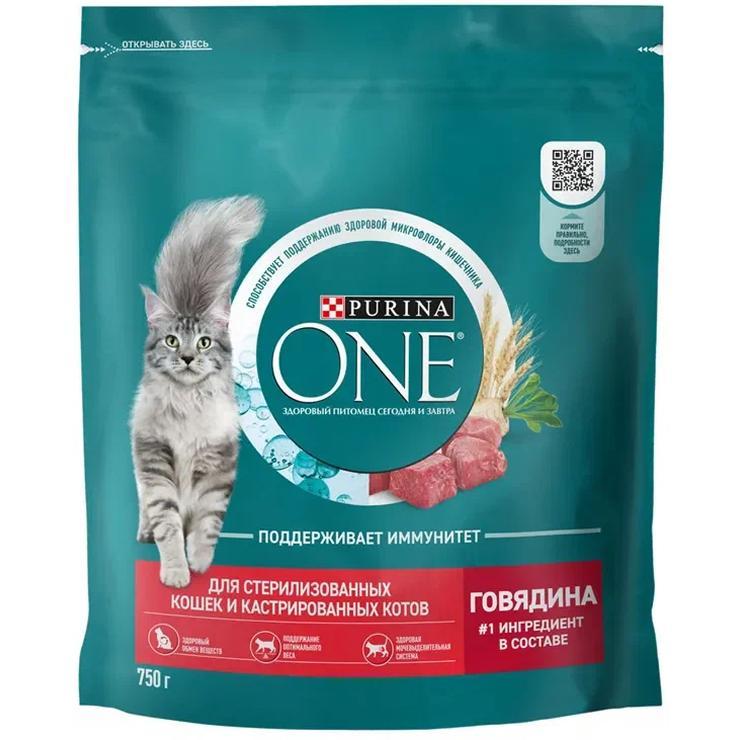 Корм сухой для стерилизованных кошек, говядина пшеница, Purina ONE, 750 гр., дой-пак