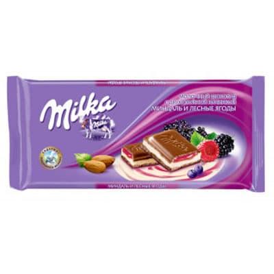 Шоколад Milka молочный миндаль лесные ягоды 85 гр., флоу-пак