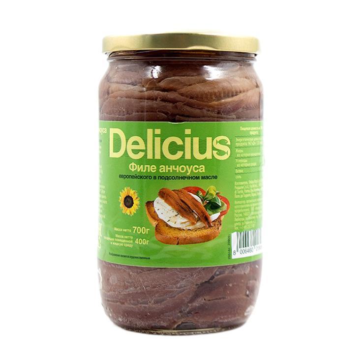 Анчоусы Delicius филе в подсолнечном масле 700 гр., стекло