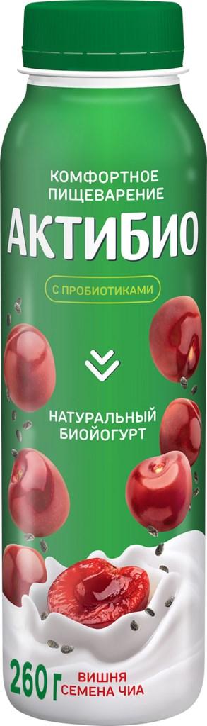 Йогурт питьевой Актибио вишня и семена чиа 1,5% 260 гр., ПЭТ
