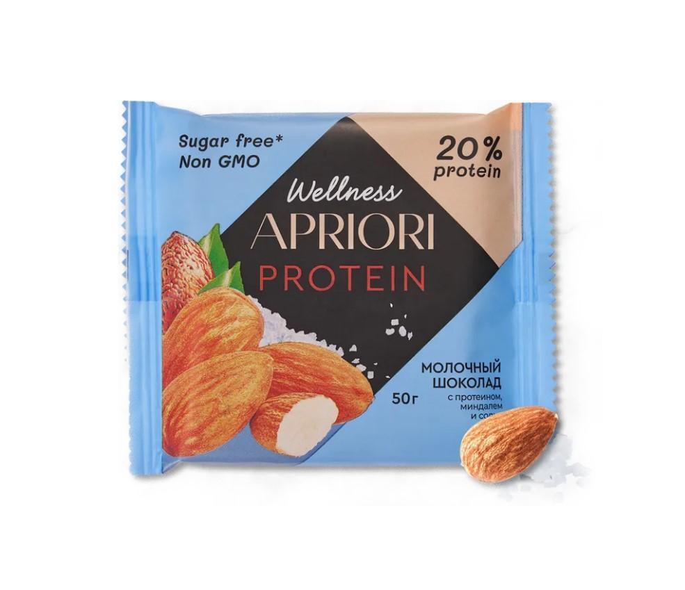 Шоколад Apriori Wellness молочный с протеином, миндалем и солью 50 гр., флоу-пак