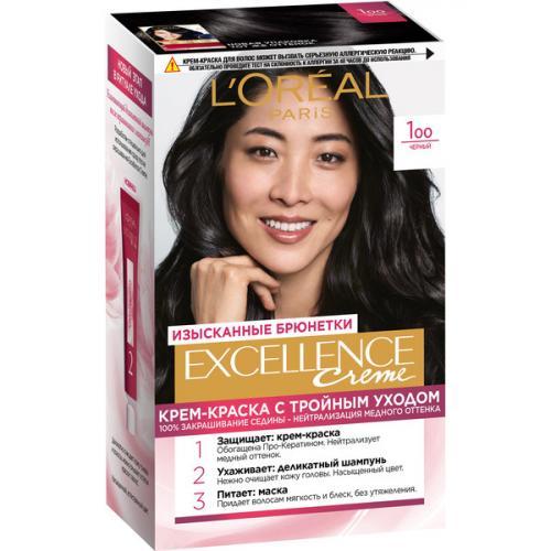 Краска для волос 100 Чёрный, L'Oreal Excellence Creme, 192 мл., Картонная коробка