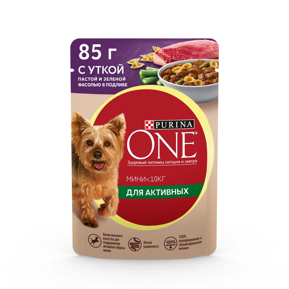 Корм для для активных собак Purina ONE , утка, паста, зеленая фасоль 85 гр., дой-пак