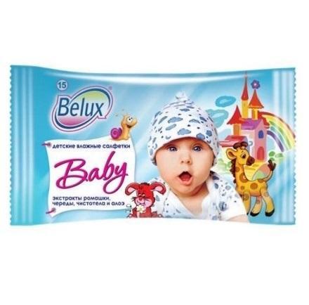 Влажные салфетки Belux Baby с экстрактами ромашки, череды, чистотела и алоэ 15 шт., флоу-пак