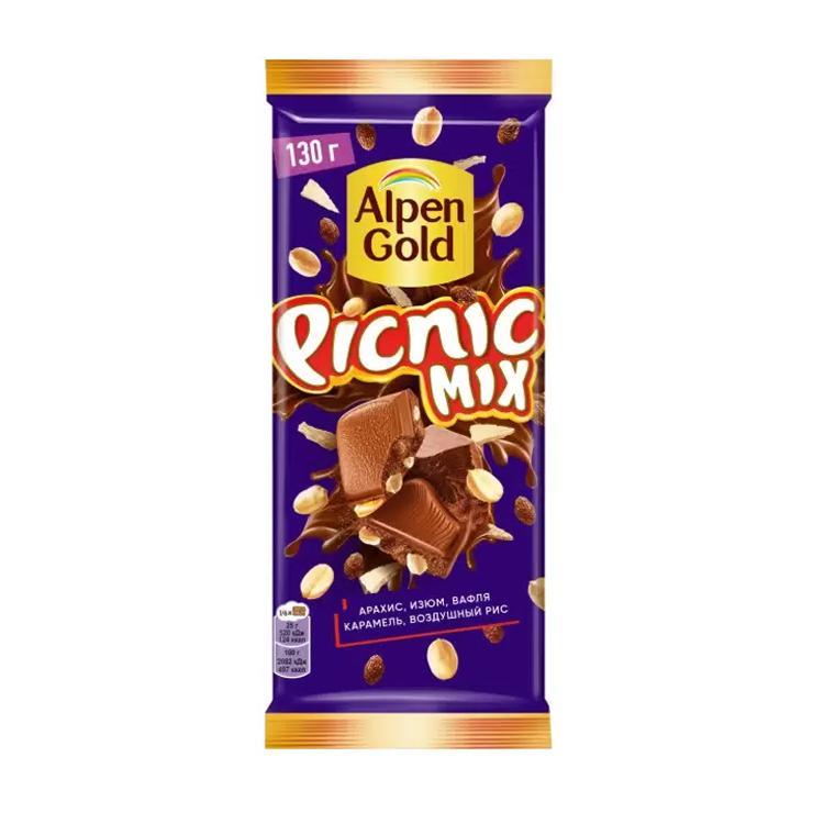 Шоколад Alpen Gold Picnic MIX молочный c арахисом изюмом воздушным рисом кусочками карамели и вафельной крошкой 130 гр., флоу-пак