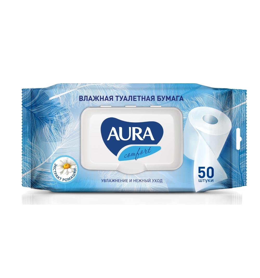 Влажная туалетная бумага Aura Ultra Comfort с крышкой 50 шт., флоу-пак