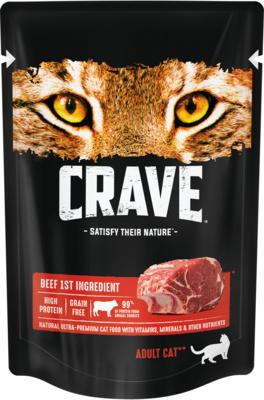 Корм Crave, для взрослых кошек консервированный Говядина, 70 гр., пауч
