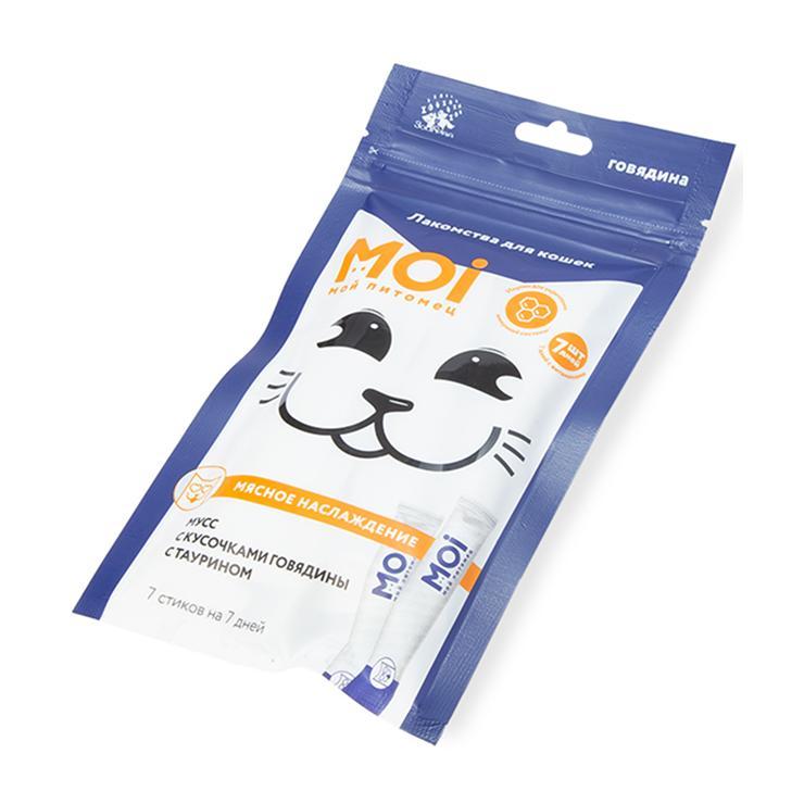 Лакомство для кошек MOI мусс с кусочками говядины 10 гр., пакет