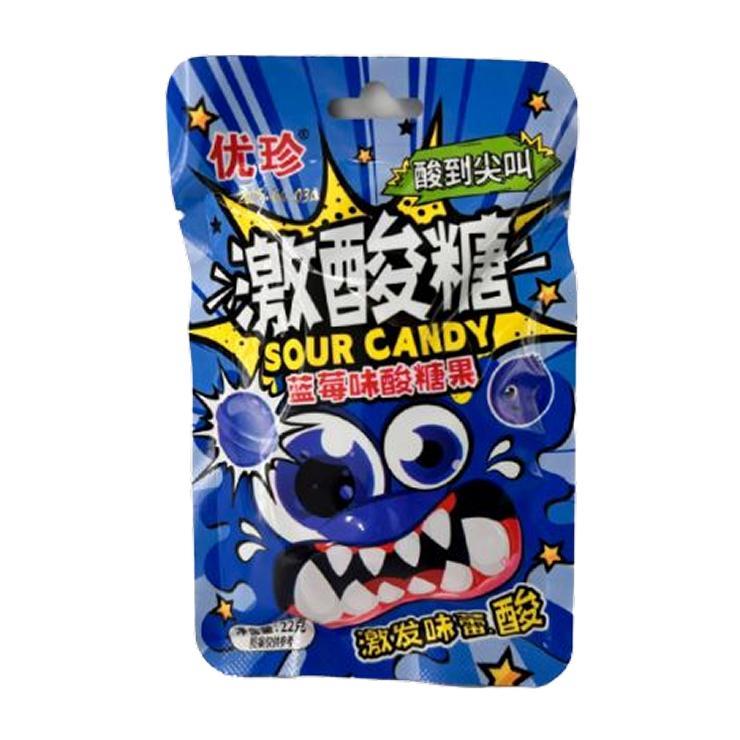 Конфеты Hong Tai Kee кислые с шипучкой голубика 22 гр., дой-пак