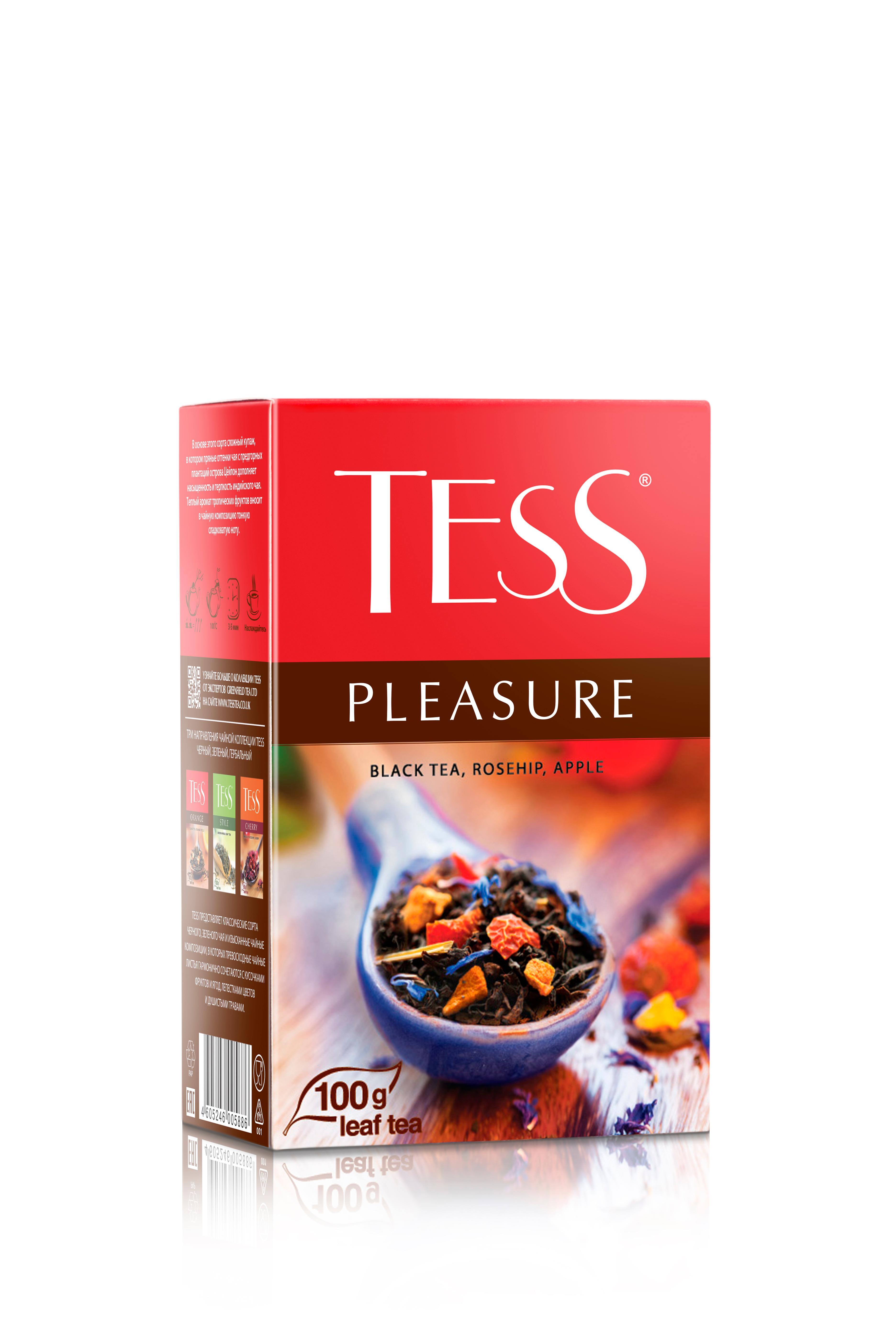 Чай Tess Pleasure с шиповником и яблоком черный листовой 100 гр., картон