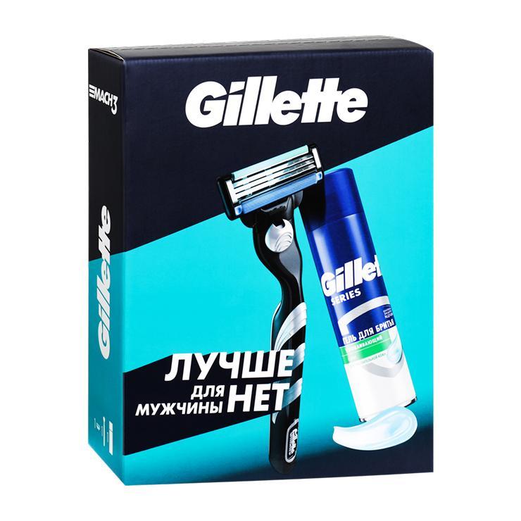 Набор мужской подарочный Gillette станок + 1 кассета + гель для бритья алоэ для чувствительной кожи 75 мл., картон