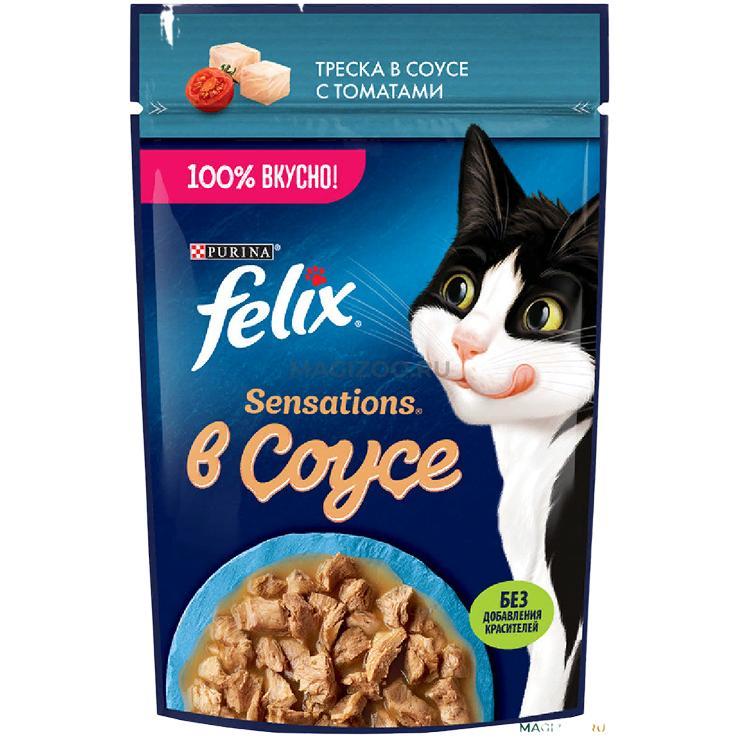 Корм для кошек Felix влажный Sensations с треской в соусе c томатами 75 гр., пауч