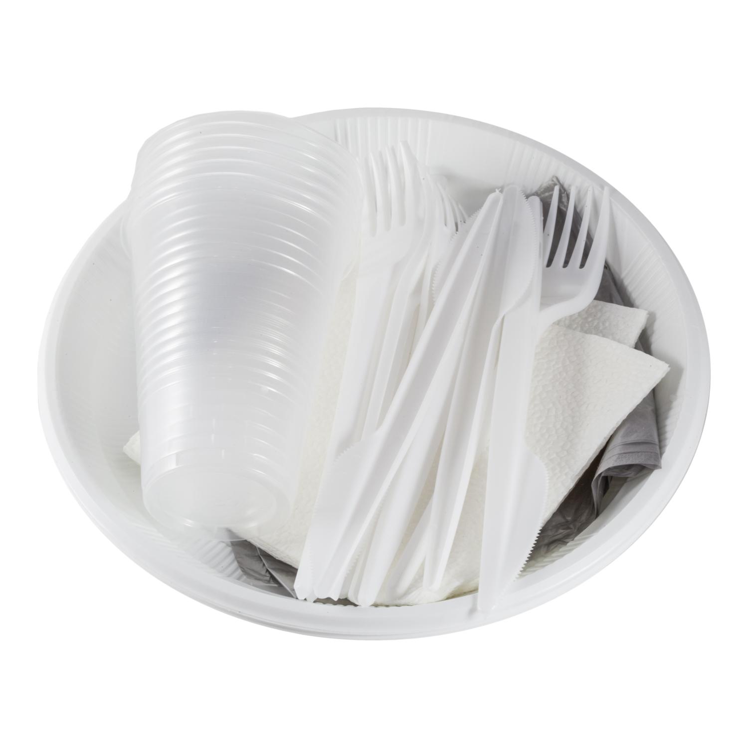 Посуда одноразовая набор миска 475 мл., тарелка диаметр 205 мм., тарелка десертная диаметр 153 мм., стакан белый 200 мл., вилка, нож, ложка столовая, ложка чайная, Мистерия Набор для пикника, пластиковый пакет