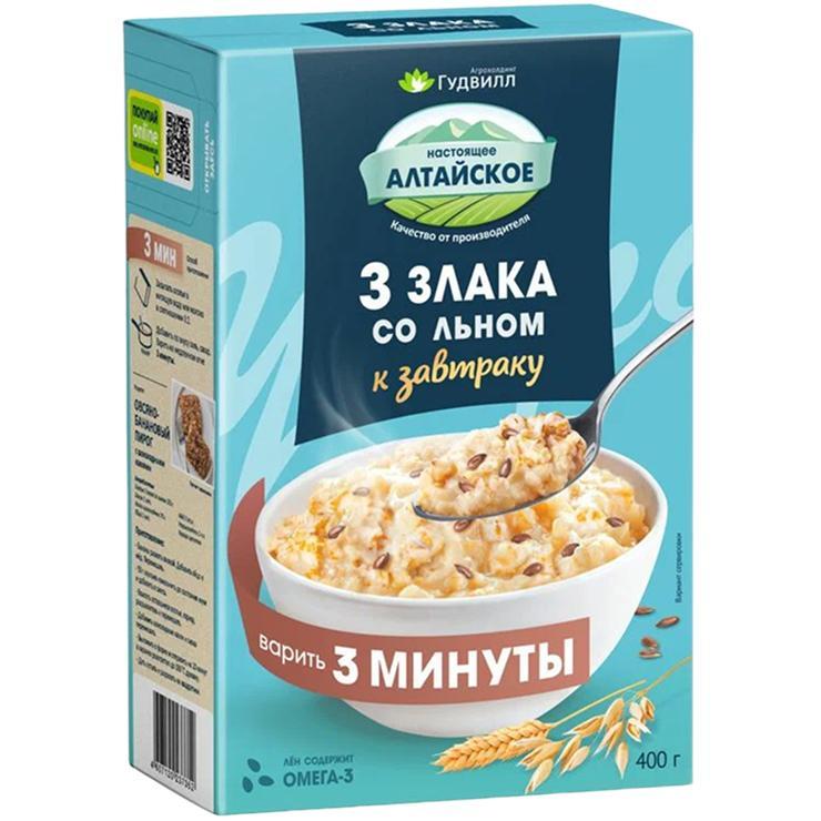 Хлопья Гудвилл 3 злака со льном 3-5 минут варки 400 гр., картон