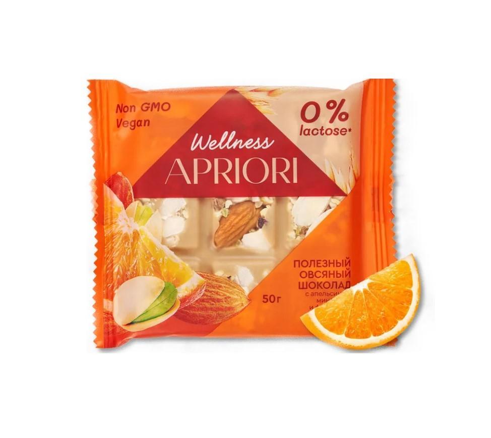 Шоколад Apriori Wellness овсяный с апельсином, миндалем и фисташкой 50 гр., флоу-пак