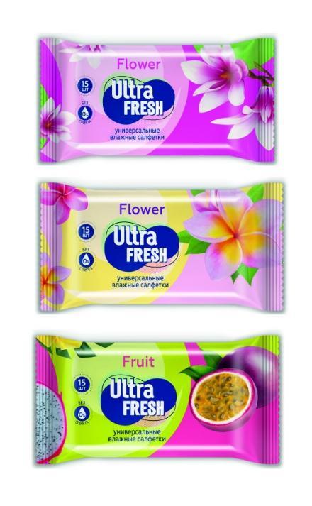 Салфетки влажные Ultra Fresh Flower & Fruit в ассортименте 15 шт., флоу-пак