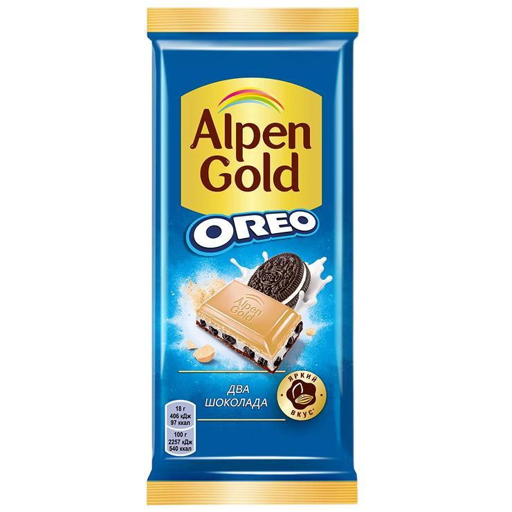 Шоколад Alpen Gold Oreo Два шоколада молочный с белым с ванильной начинкой и кусочками печенья 90 гр., флоу-пак