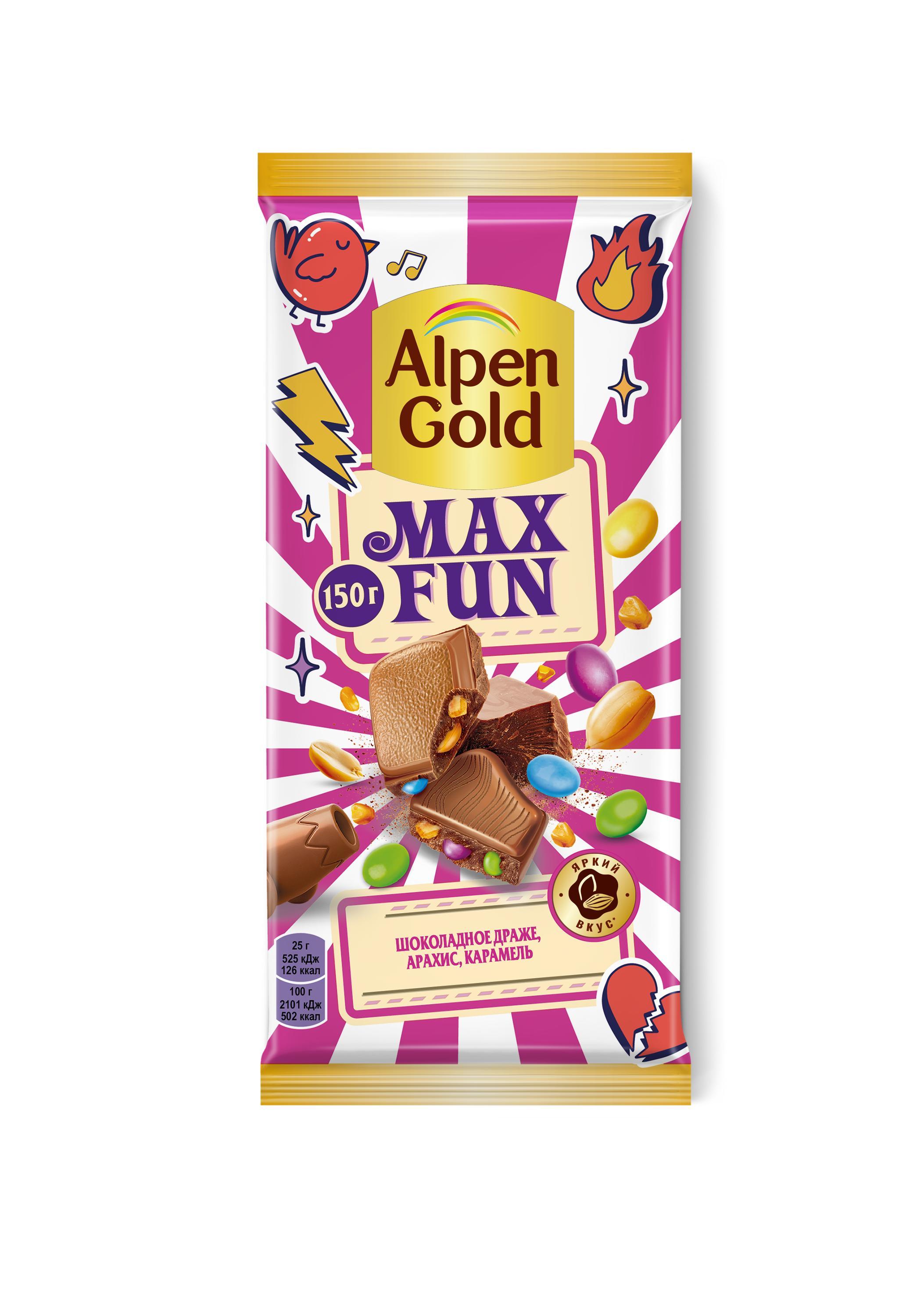 Шоколад Alpen Gold Max Fun молочный арахис 150 гр., флоу-пак