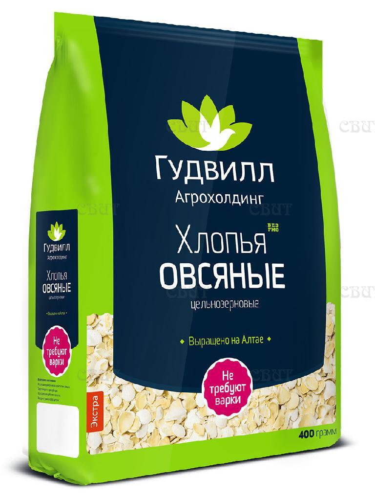 Хлопья овсяные Гудвилл Экстра цельнозерновые не требующие варки 400 гр., флоу-пак