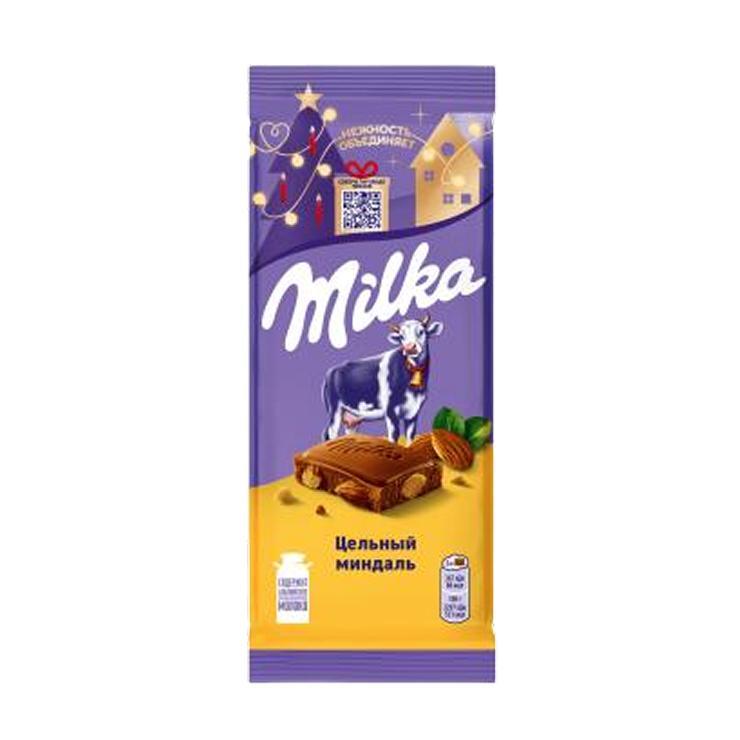 Шоколад Milka молочный с цельным миндалем 80 гр., флоу-пак