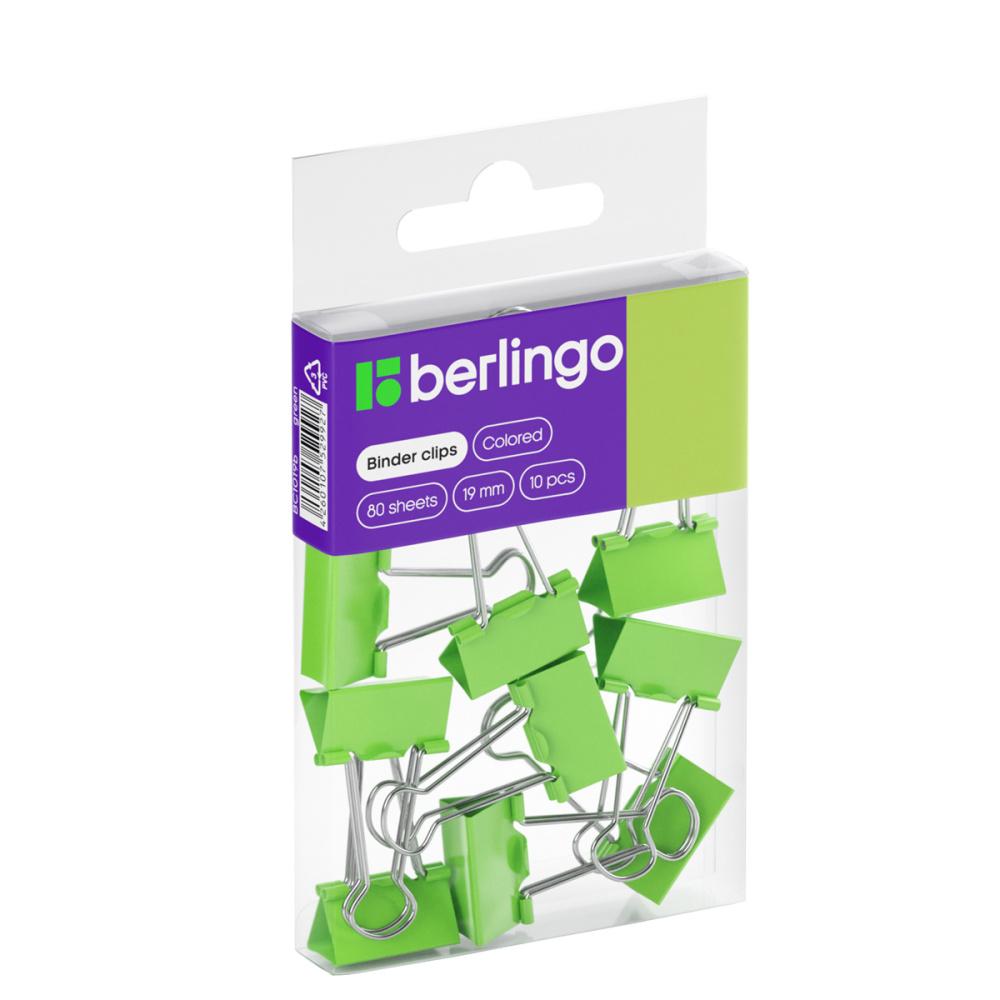 Зажимы для бумаг Berlingo 19 мм 10 штук цветные зеленые ПВХ., блистер
